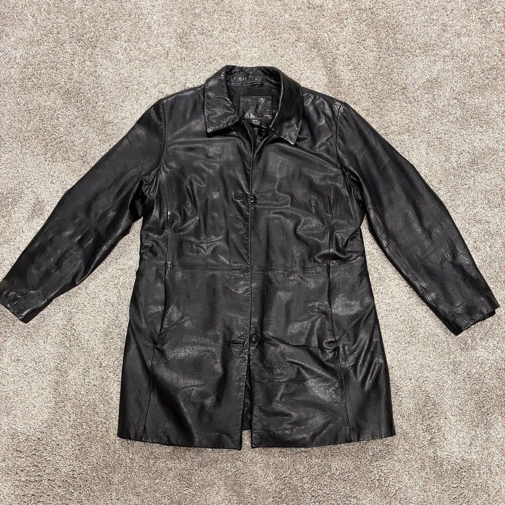 KATHY IRELAND VTG Leather Coat Womens Medium Black Button Up Y2K 90’s Retro READ